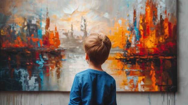 Young Boy Admiring Abstract Urban Art in Gallery