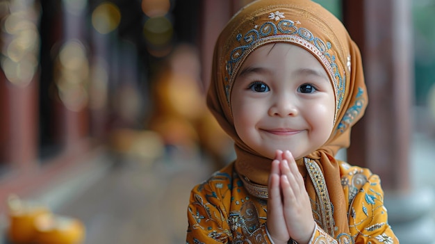 A young boy of Asian descent practicing the Muslim faith wearing a traditional head covering greets with a joyful expression