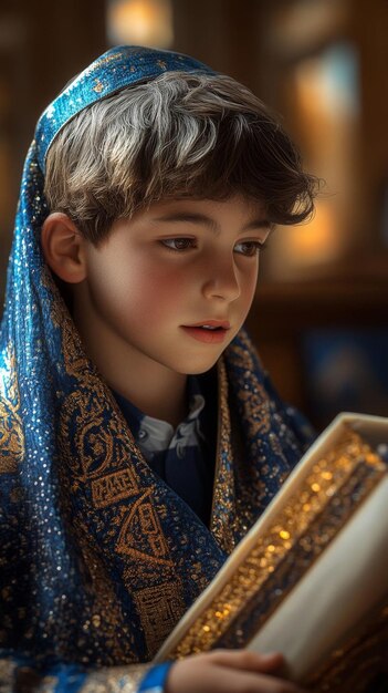 Photo a young boy in a blue and gold tallit reads from the torah at his bar mitzvah