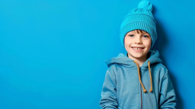 Photo a young boy in a blue hoodie and hat smiles while standing against a blue wall