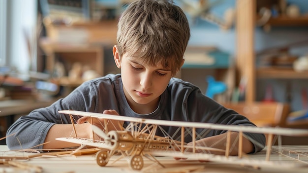 Young Boy Building a Wooden Airplane Model