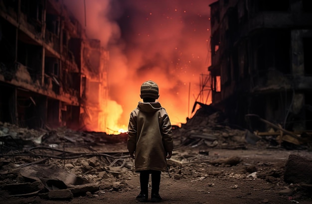 A young boy in a cap and a beige coat looks at burning buildings collapsing symbolizing loss and disaster The concept of wars and destruction