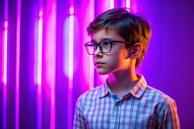 Young boy in casual clothes and glasses standing with thoughtful expression against purple background in neon light Generating ideas Concept of human emotions youth