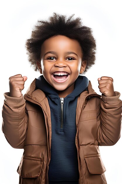 Young boy celebrates with joy isolated on a blue background