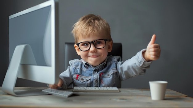 Young Boy at Computer Giving Thumbs Up