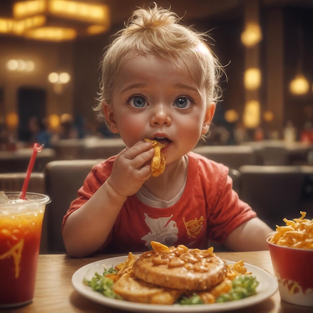 Young boy consuming sandwich and fries in eatery