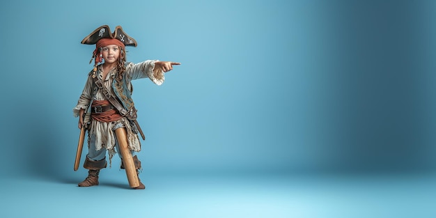 Young Boy in Detailed Pirate Costume Pointing with Wooden Sword on Light Blue Background