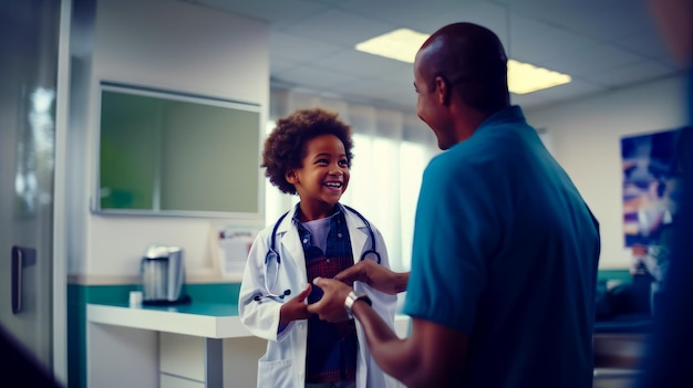 Young boy in doctors coat smiles as he talks to doctor