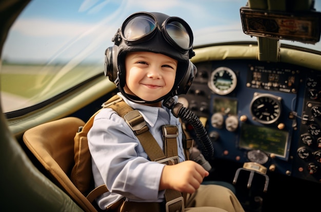 Young boy dressed as airplane pilot