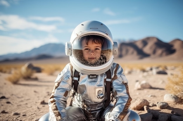 Young boy dressed as astronaut in desert