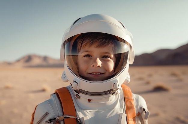 Young boy dressed as astronaut in desert