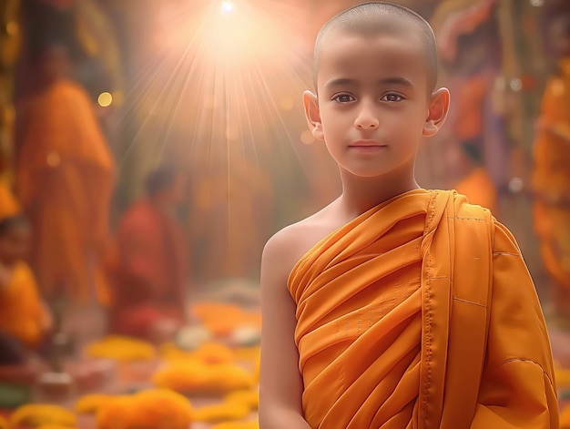 Photo young boy dressed as a buddhist monk in temple