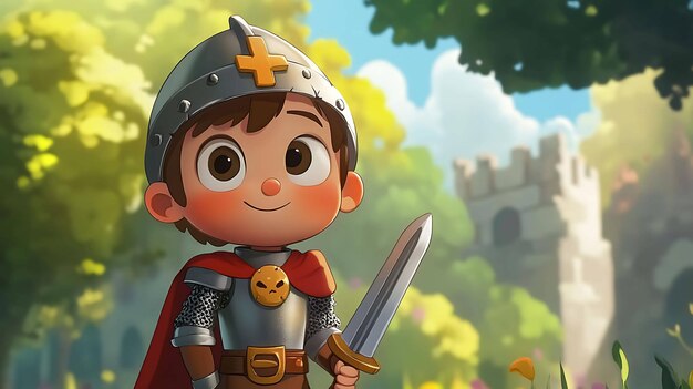 Photo a young boy dressed as a knight stands in a garden with a castle in the background he is smiling and holding a sword