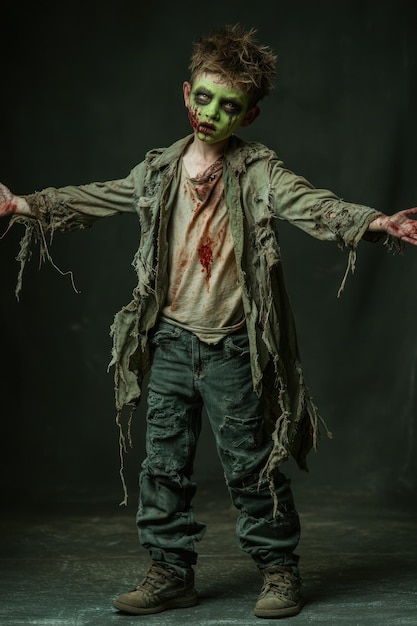 A young boy dressed as a zombie featuring tattered clothing and green face paint for Halloween