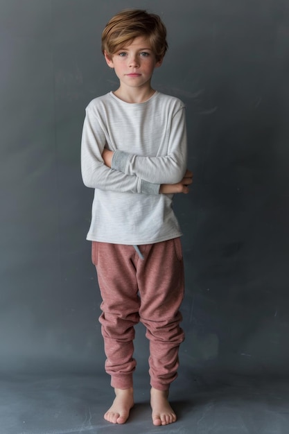 Photo a young boy dressed in a casual longsleeve top and comfy pants stands with arms crossed against a dark grey backdrop conveying a sense of youthful confidence