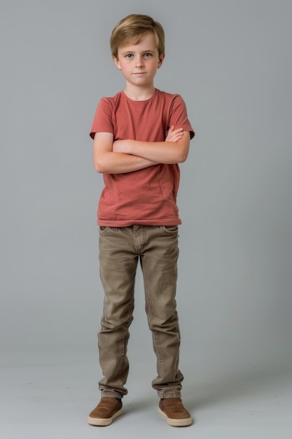 Photo a young boy dressed in a casual longsleeve top and comfy pants stands with arms crossed against a dark grey backdrop conveying a sense of youthful confidence