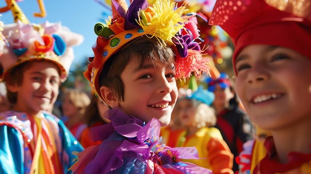 A young boy dressed in a colorful costume smiles happily during a carnival celebration