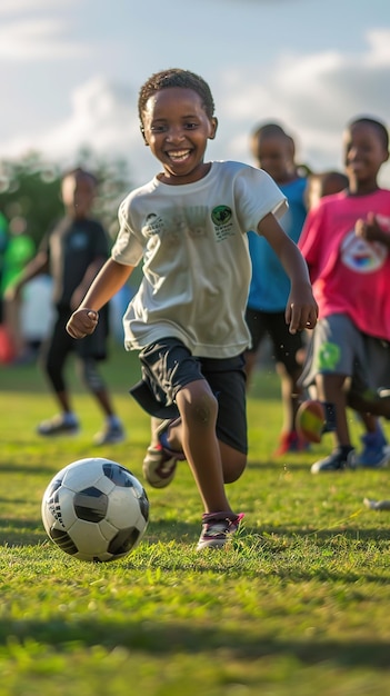 Young Boy Dribble Soccer Ball with Friends in Background