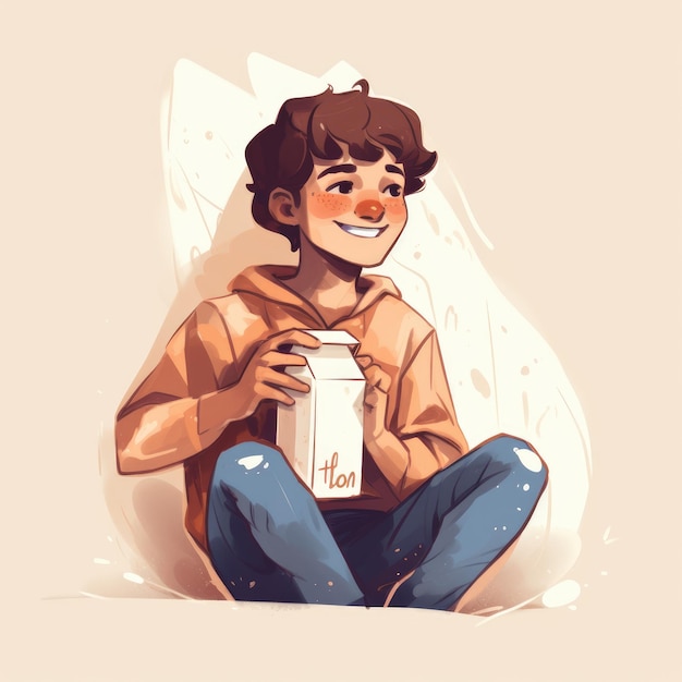 Young boy drinking milk cartoon illustration with generative ai