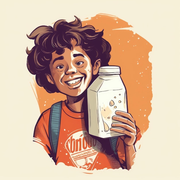 Young boy drinking milk cartoon illustration with generative ai