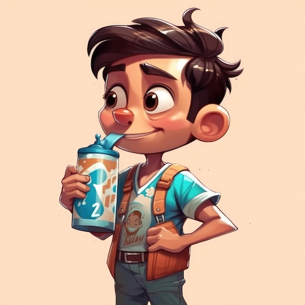 Young boy drinking milk cartoon illustration with generative ai