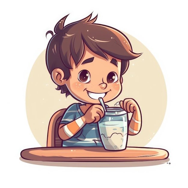 Young boy drinking milk cartoon illustration with generative ai