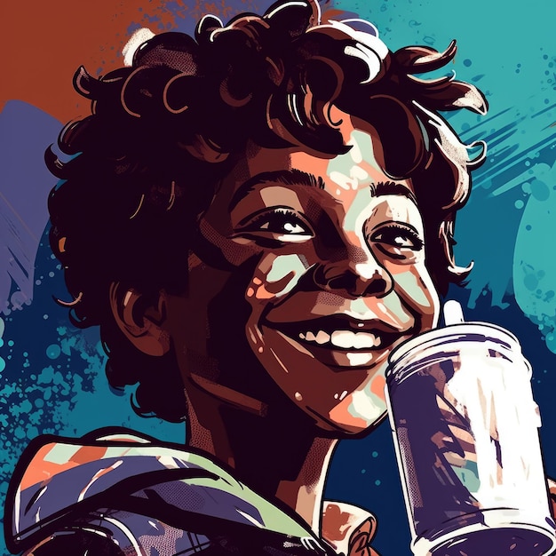 Young boy drinking milk cartoon illustration with generative ai