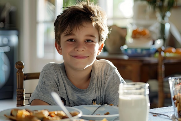 Photo young boy during milk on his breakfast at home before school