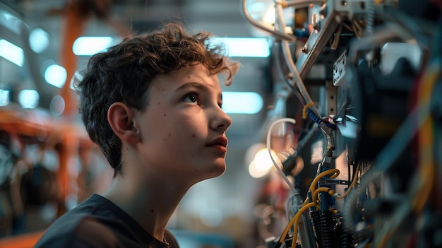 Young Boy Engaged with Wires in Robotics Club