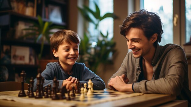 Young Boy Engages in a Game of Chess with His Mother