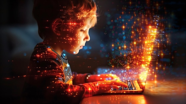 Young Boy Engrossed in Tablet at Night With Sparkling Lights