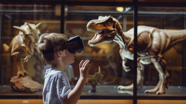 Photo a young boy engrossed in a virtual reality experience interacting with lifelike dinosaur models in a museum blending technology with education