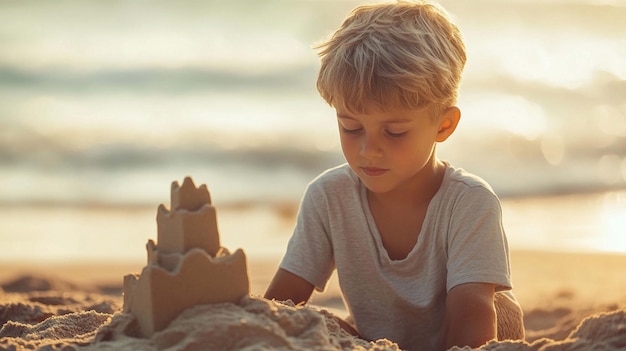 A Young Boy Enjoying a Sunny Day at the Beach While Building Sandcastles for Fun