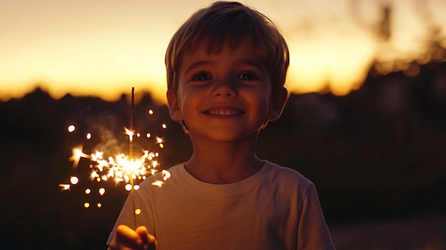 Photo a young boy enthusiastically holding a sparkler at twilight perfect for celebrating joyful moments and capturing memorable events