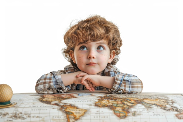 Young Boy Examining World Map at Table