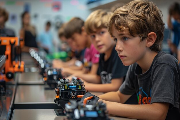 Young Boy Focused on Building a Robot in Class