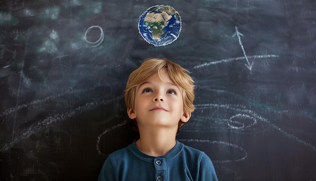 young boy in front of a blackboard with a drawn Earth above his head