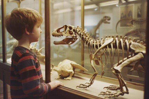 Photo a young boy gazes intently at a dinosaur skeleton exhibit in a museum capturing a moment of wonder and curiosity