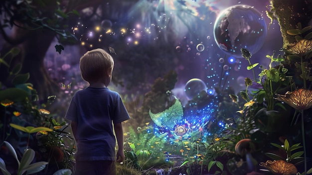 Photo a young boy gazes at a magical forest filled with glowing orbs and fantastical flora