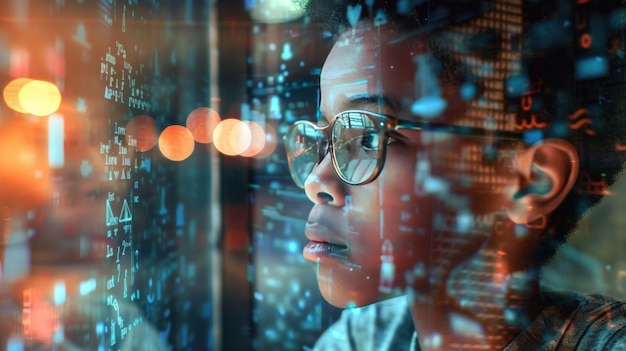 Young Boy Gazing at Digital Code Matrix A young boy with glasses intently observes a digital screen displaying a matrix of code symbolizing curiosity and the digital generation