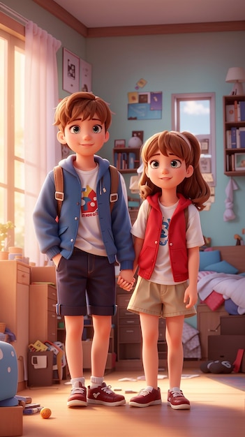 Young Boy and Girl in a Charming 3D Cartoon Style