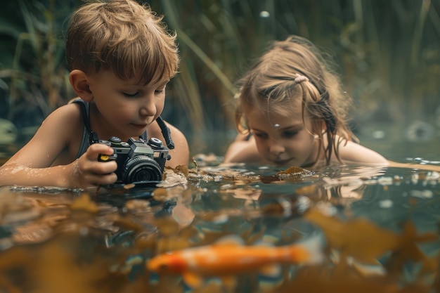 A young boy and girl exploring a pond with the boy holding a camera focused on a fish in the water surrounded by lush greenery