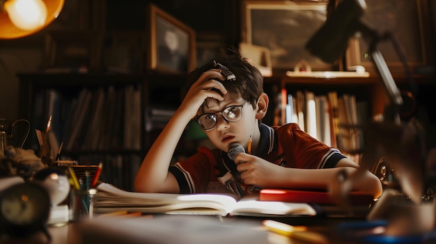 Young boy in glasses looking thoughtful while studying