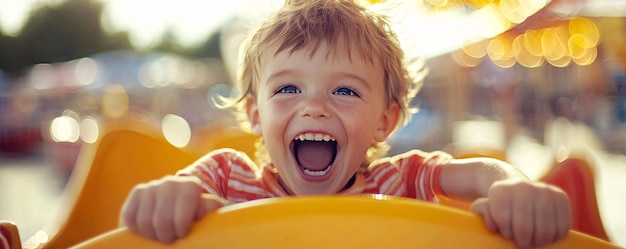 Young boy gleefully laughs while riding a rollercoaster