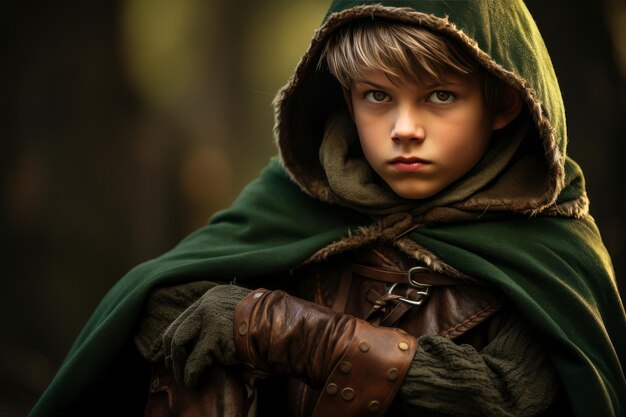 Photo young boy in green cloak with intense eyes hooded and serious expression robin hood in childhood