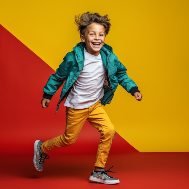 Young Boy in Green Jacket and Yellow Pants