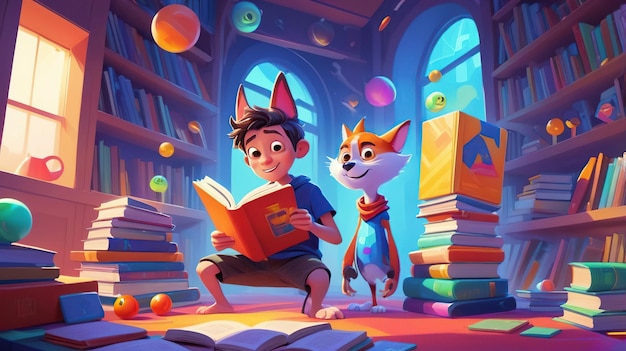 Photo a young boy and his dog read a book together in a magical library filled with floating orbs and books