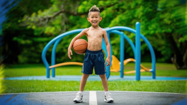 Photo a young boy holding a basketball on top of a court ai