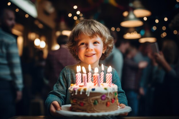 Young Boy Holding Birthday Cake with Lit Candles