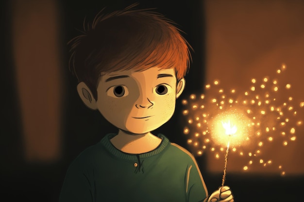 A young boy holding a burning sparkler against a background of holiday lights